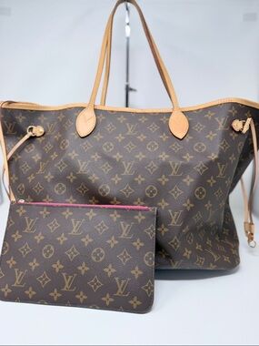 Louis Vuitton Monogram Neverfull Tote in Brown with Pink-Trim Pouch